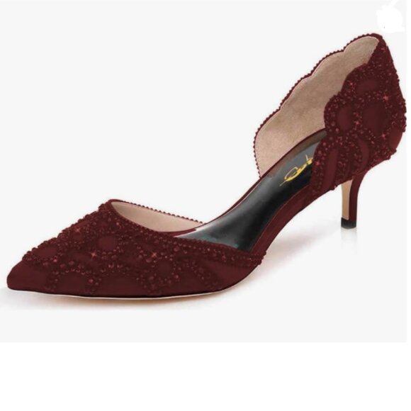 XYD Burgundy Pointed Toe D'Orsay Kitten Heel Rhinestone Studs Slip-On Satin Shoe - Picture 1 of 8